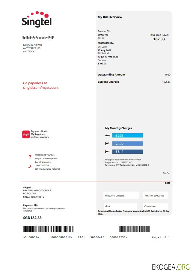 USA Singtel utility bill template in Word and PDF format